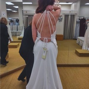 Beach/boho wedding dress. Transparent lace top, backless and halter top.